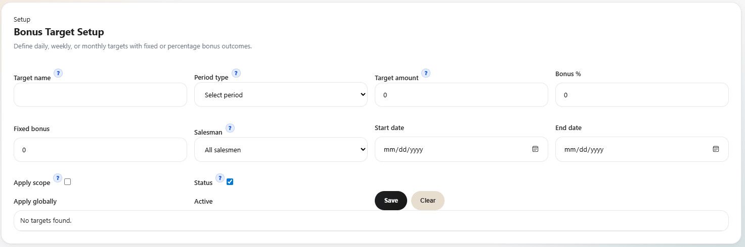 Vendro bonus target setup showing target amount, period type, bonus percentage, and scope fields.