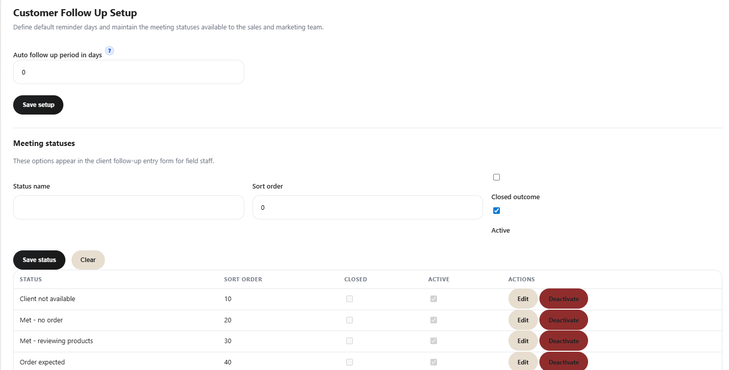Vendro customer follow up setup showing auto follow up period and meeting status configuration.