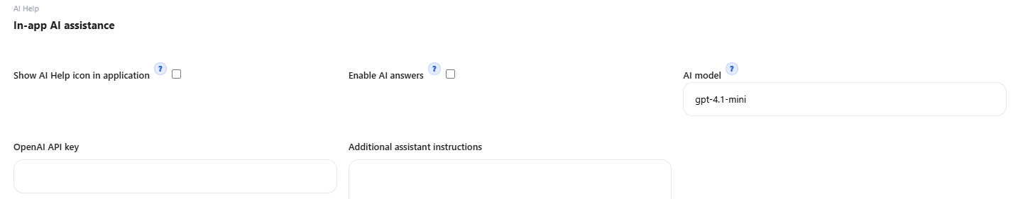 Vendro in-app AI assistance setup showing model, API key, and assistant instruction fields.