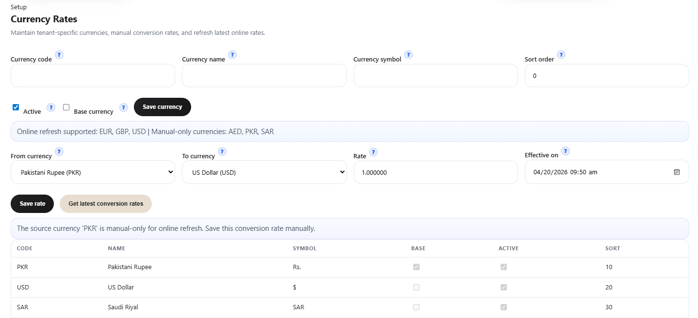 Vendro multi-currency setup showing currency management for commercial transactions.
