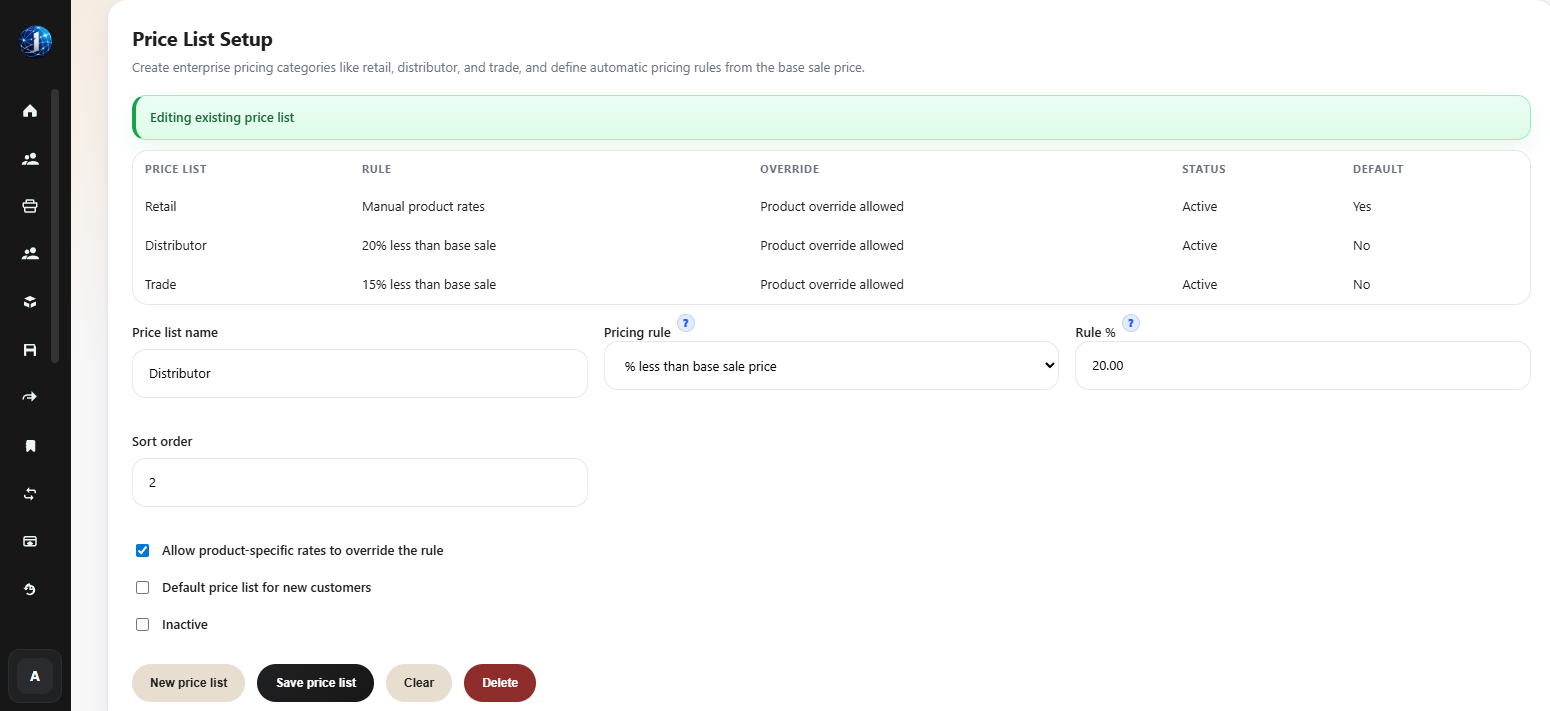 Vendro price list setup with retail, distributor, and trade pricing rules and override settings.