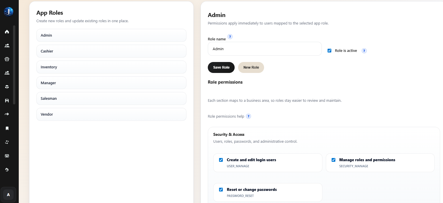 Vendro user role setup page showing role list, active status, and permissions by business area.
