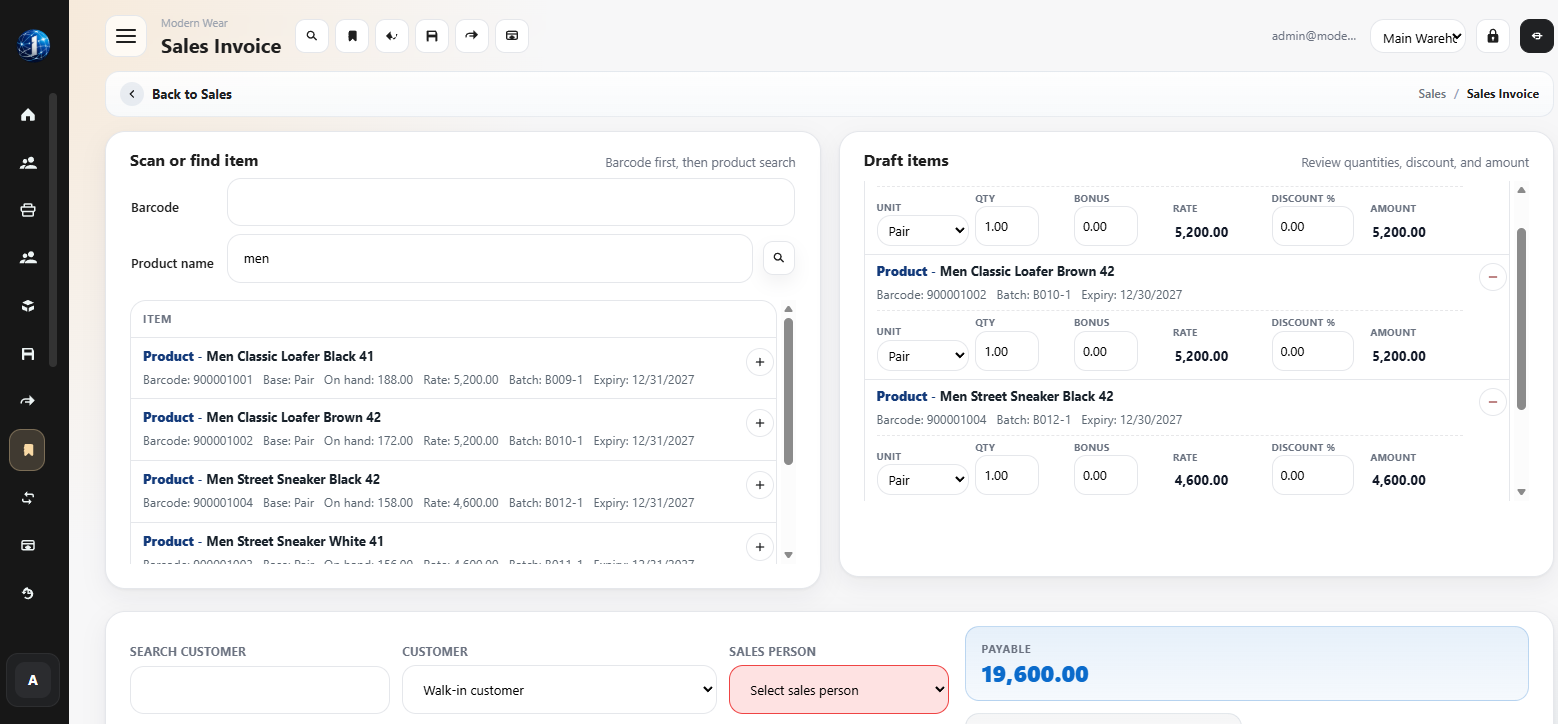 Vendro Commerce Suite sales invoice screen.